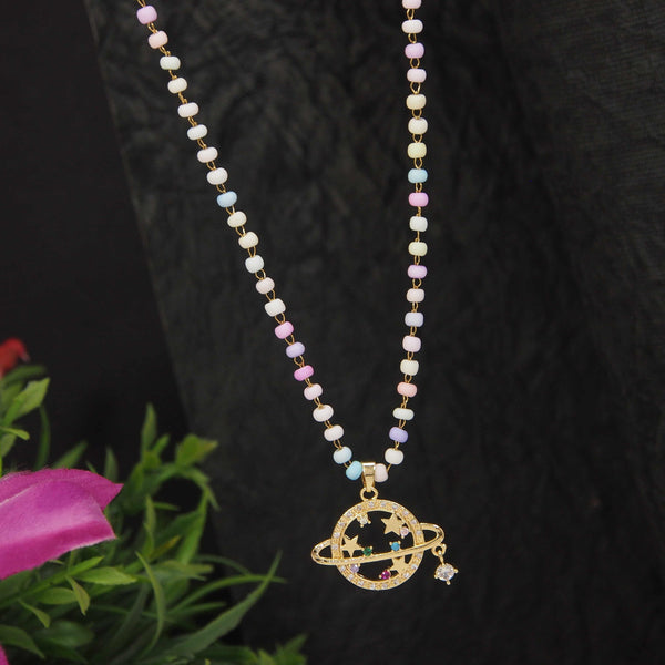 Stainless Steel Saturn Pendent Pearl Chain Necklace - STNK 4968 - Trendisia