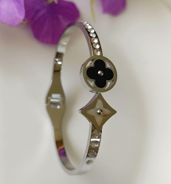 Stainless Steel Silver Plated Black &amp; White Shell Multi Clover Kada- STKD 2673 - Trendisia