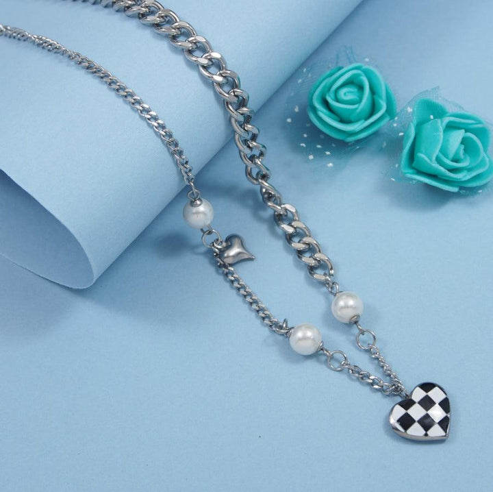 Stainless Steel Silver Plated Checkered Heart Shaped Charm Necklace- STNK 3985 - Trendisia
