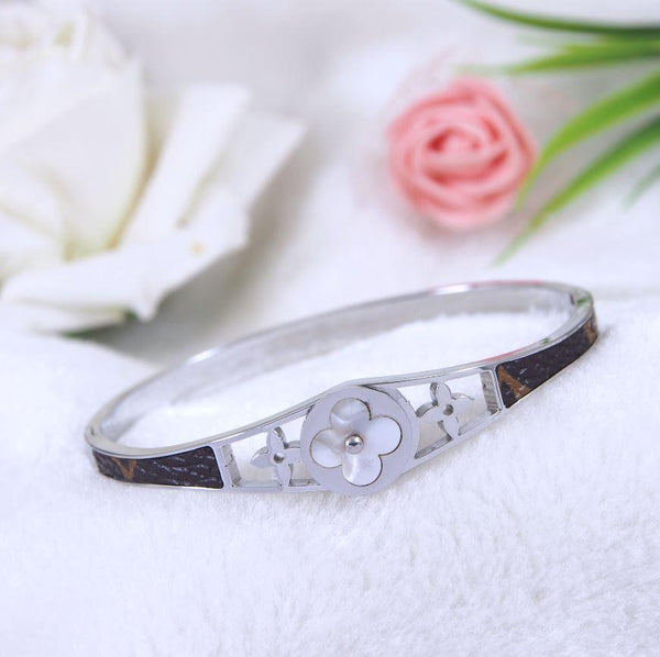 Stainless Steel Silver Plated Clover Design Fancy Kada- STKD 3778 - Trendisia