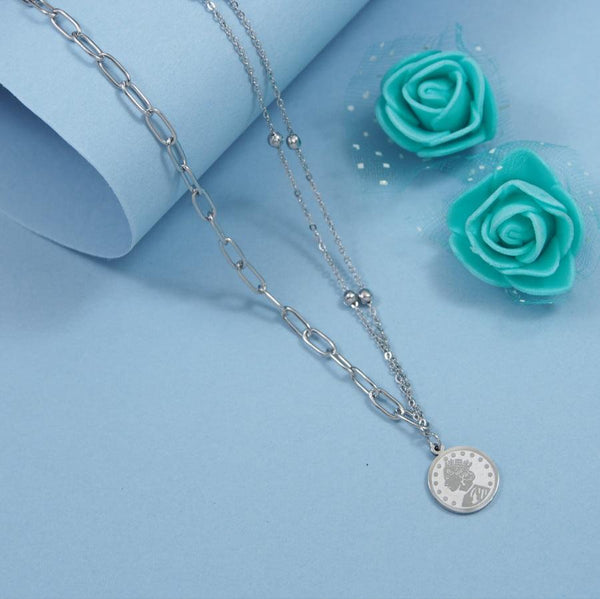 Stainless Steel Silver Plated Coin Charm Necklace- STNK 3987 - Trendisia