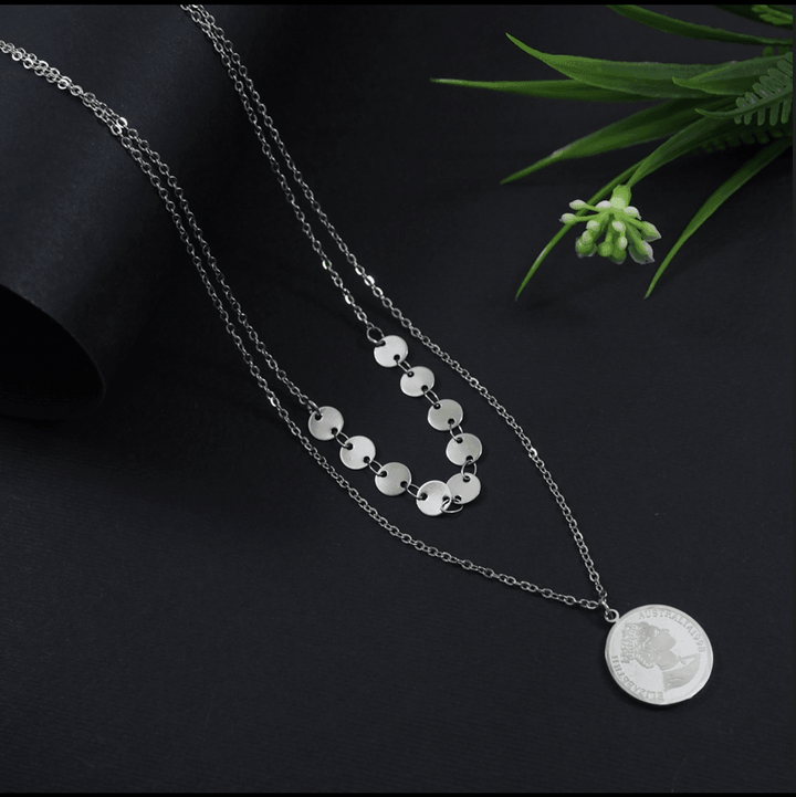 Stainless Steel Silver Plated Double Layered Elizabeth Coin Pendant Necklace-STNK 4087 - Trendisia