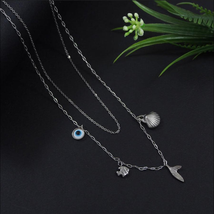 Stainless Steel Silver Plated Layered Multi Pendant Chain Necklace- STNK 4106 - Trendisia
