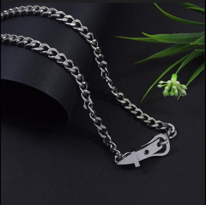 Stainless Steel Silver Plated Unique Belt Buckle Pendant Chain Necklace- STNK 4099 - Trendisia