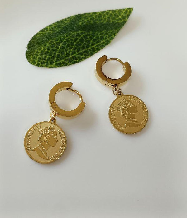 Stainless Steel Silver/Gold Plated Queen Elizabeth Portrait Coin Drop Earring-STNER 2569 - Trendisia