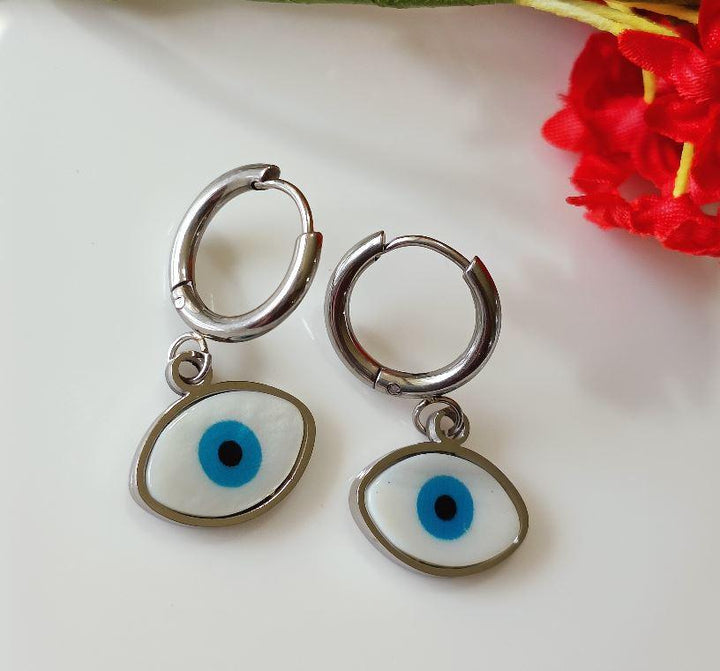 Stainless Steel Silver/Rosegold Plated Evil Eye Hoops Earring-STNER 2567 - Trendisia