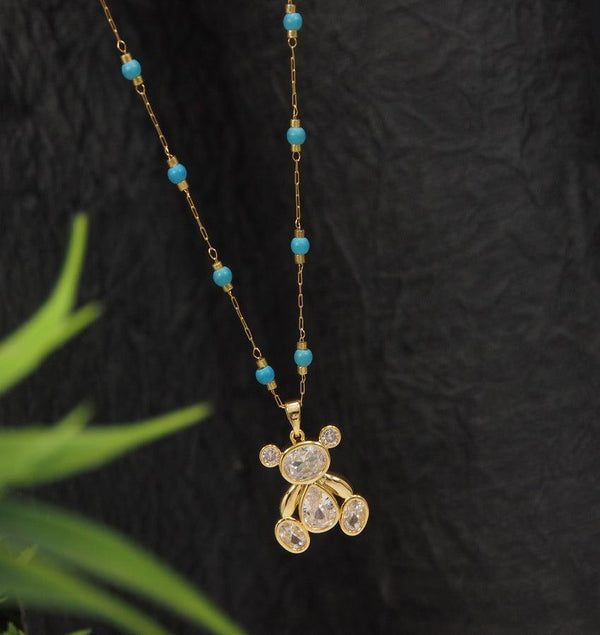 Stainless Steel Teddy Bear Pendent Pearl Chain Necklace - STNK 4973 - Trendisia