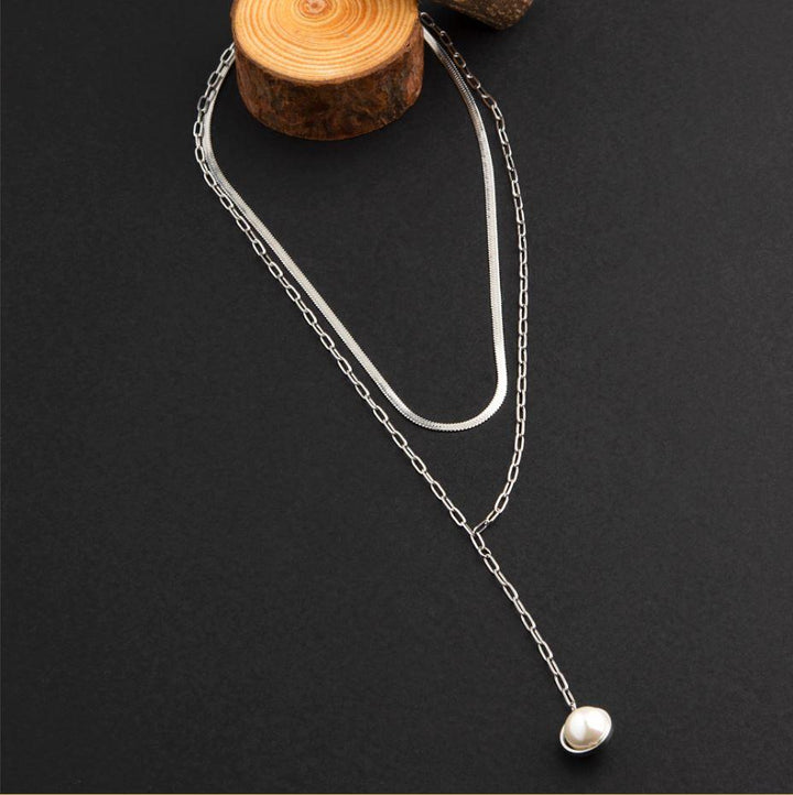 Stainless Steel Two Layer Silver Chain in Unique Style With Pearl Pendant- NK 1795 - Trendisia