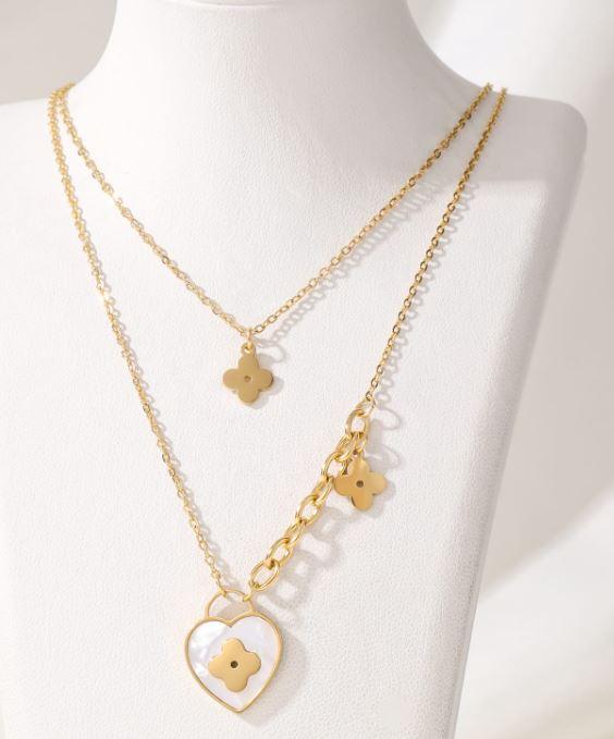 Stainless Steel White Shell Heart Haning Clover Necklace - STNK 5049 - Trendisia