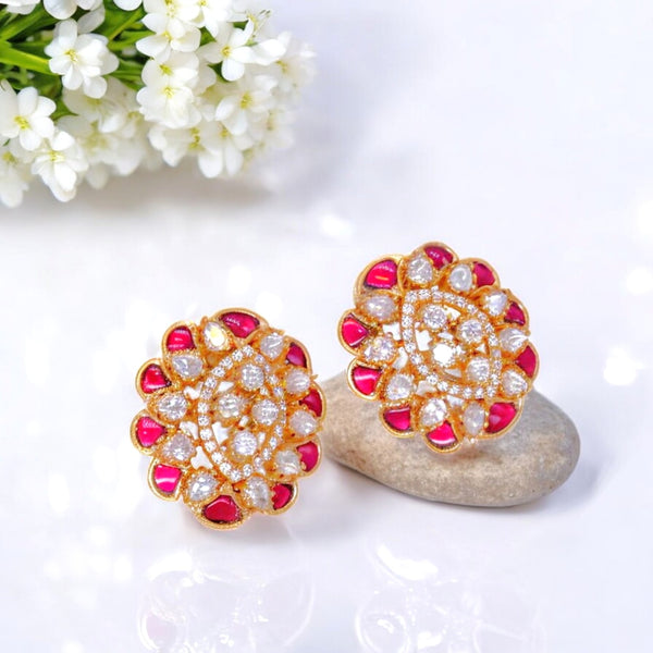 Gold-Plated Teardrop Stud Earrings with Ruby and Crystal Acc