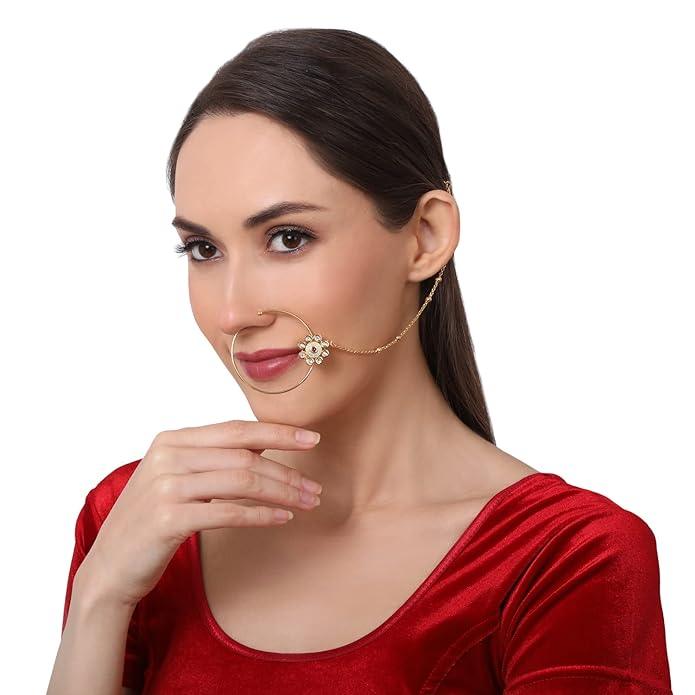 Gold Plated Polki Nose Ring With Chain - Trendisia