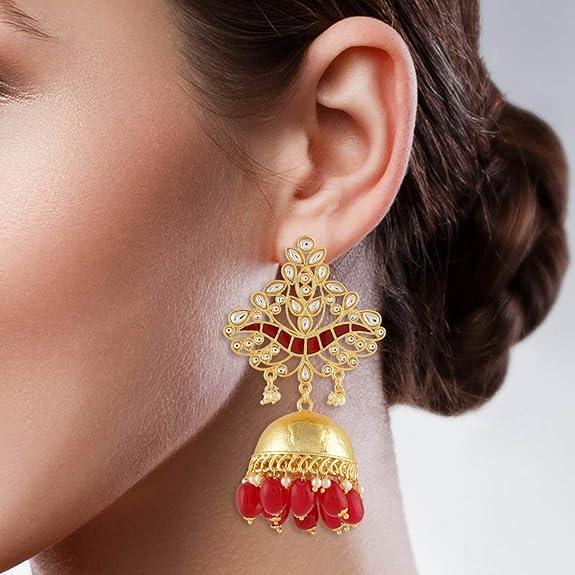 Traditional Gold Plated Jhumki Earrings with Ruby Stones for Women and Girls - Trendisia