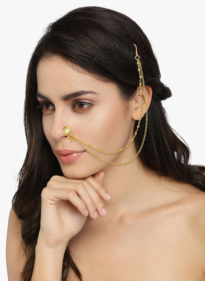 Traditional Gold-Plated Kundan Nath Nose Ring with Dual Chain - Trendisia