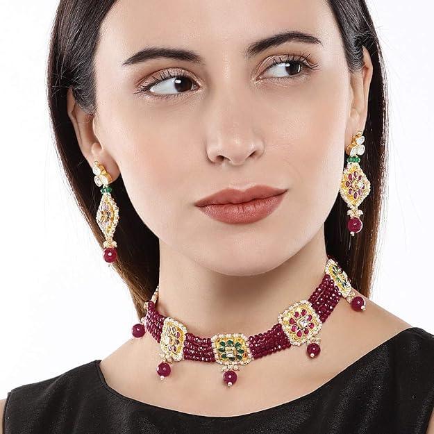 Traditional Studded Ruby Beads Choker Set - Trendisia