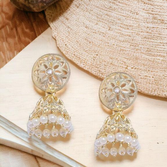 Trendisia Metal and Kundan Jhumki Earrings for Women, White - Trendisia