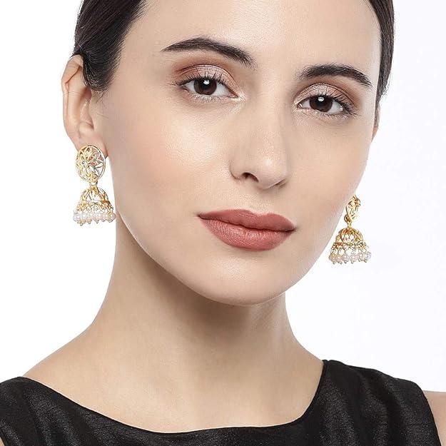 Trendisia Metal and Kundan Jhumki Earrings for Women, White - Trendisia