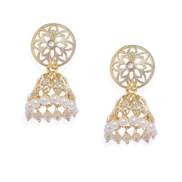 Trendisia Metal and Kundan Jhumki Earrings for Women, White - Trendisia