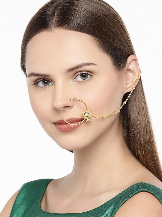 Vilandi Kundan Gold Nose Ring with Chain - Trendisia