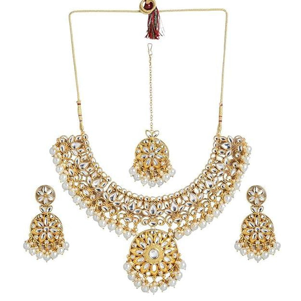 White Gold-Plated Kundan-Studded Beaded Jewellery Set - Trendisia