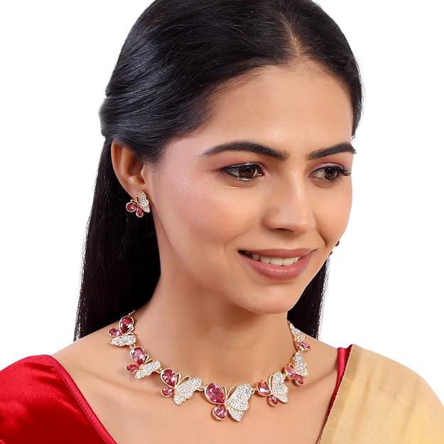 Women Gold Plated Pink Stone Studded Necklace - Trendisia