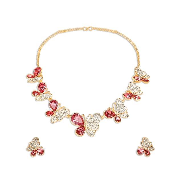 Women Gold Plated Pink Stone Studded Necklace - Trendisia