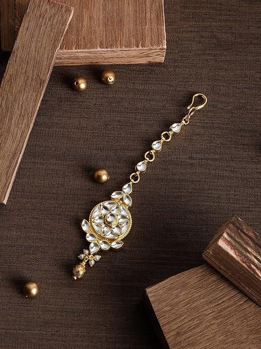 Women Gold-Plated White Jadau Kundan Maang Tika - Trendisia