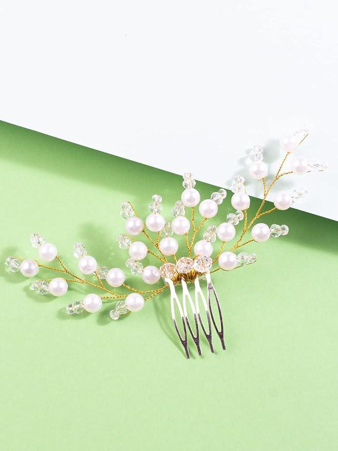 Women Gold-Toned Beaded Bridal Hair Styling Comb Pin - Trendisia