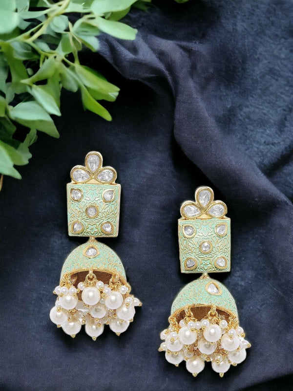 Women Gold-Toned Green Dome Shaped Jhumkas - Trendisia