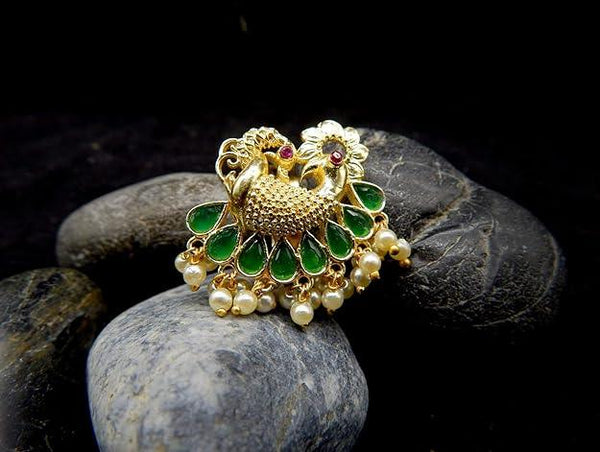 Women Gold-Toned Green Peacock Shaped Finger Ring With Pearl Drops - Trendisia