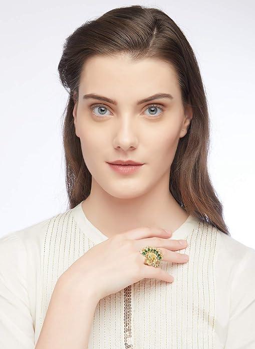 Women Gold-Toned Green Peacock Shaped Finger Ring With Pearl Drops - Trendisia