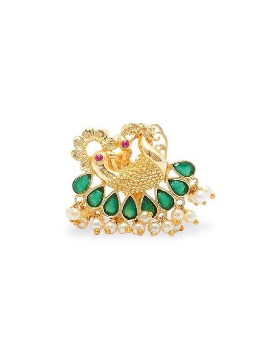 Women Gold-Toned Green Peacock Shaped Finger Ring With Pearl Drops - Trendisia