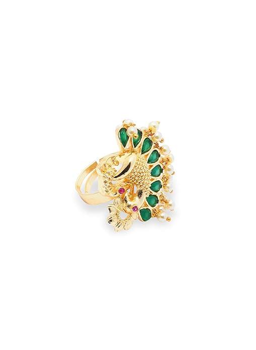 Women Gold-Toned Green Peacock Shaped Finger Ring With Pearl Drops - Trendisia