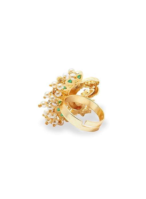 Women Gold-Toned Green Peacock Shaped Finger Ring With Pearl Drops - Trendisia