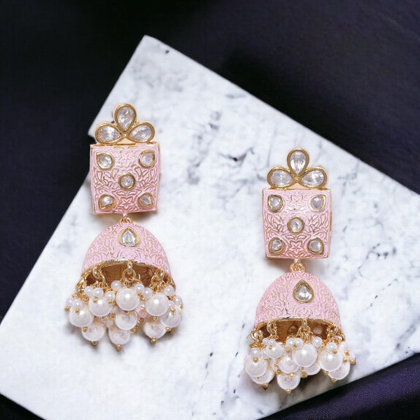 Women Gold-Toned Pink Dome Shaped Jhumkas - Trendisia