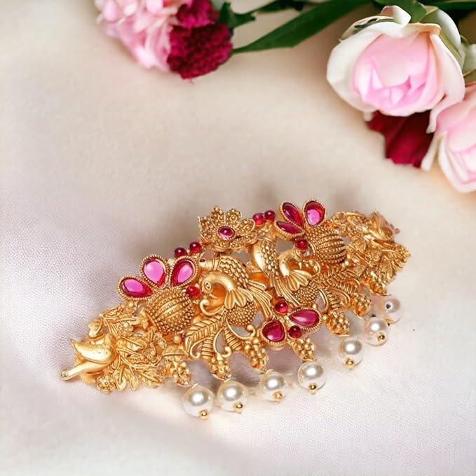 Women Gold-Toned Red Embellished French Barrette - Trendisia