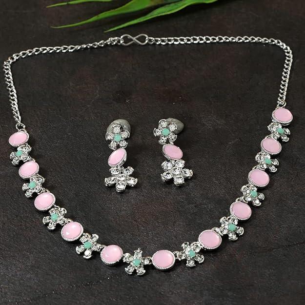 Women Silver-Plated Pink White Stone-Studded Jewellery Set - Trendisia