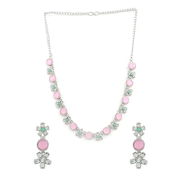 Women Silver-Plated Pink White Stone-Studded Jewellery Set - Trendisia