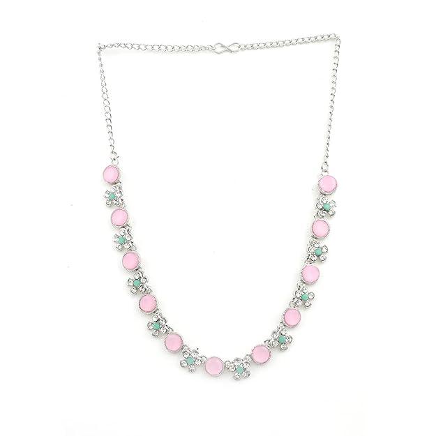 Women Silver-Plated Pink White Stone-Studded Jewellery Set - Trendisia