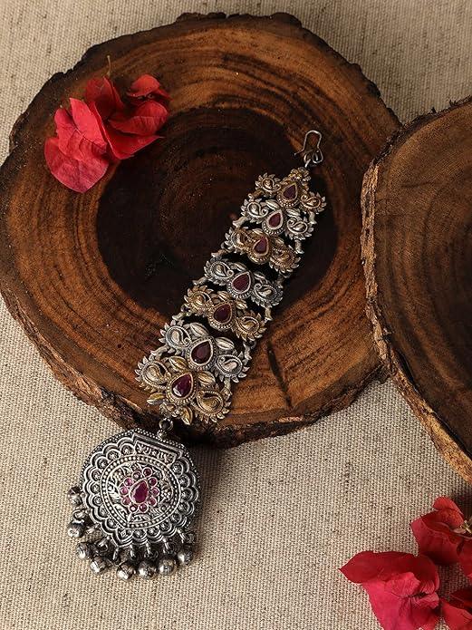 Women Silver-Plated Red Maang Tika - Trendisia