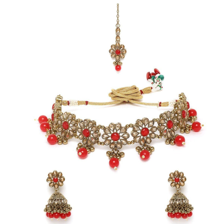 Antique Gold-Plated Red Handcrafted Choker Style Jewellery Set - Trendisia