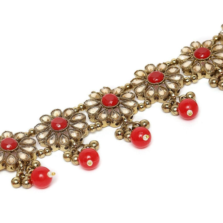 Antique Gold-Plated Red Handcrafted Choker Style Jewellery Set - Trendisia