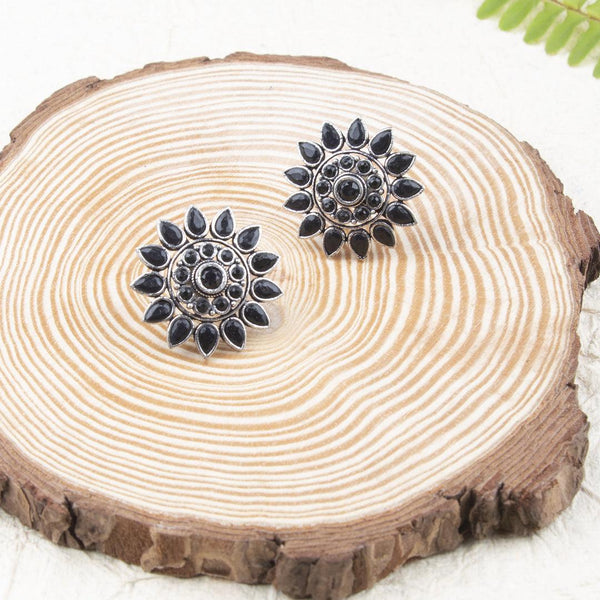 Black Oxidised Studded Oversized Floral Studs - Trendisia