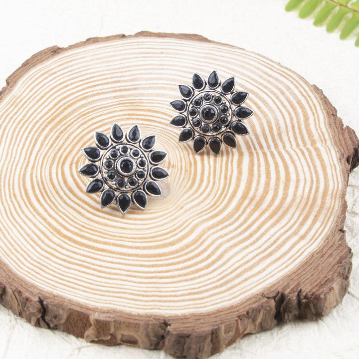 Black Oxidised Studded Oversized Floral Studs - Trendisia