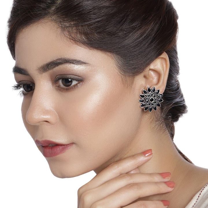 Black Oxidised Studded Oversized Floral Studs - Trendisia