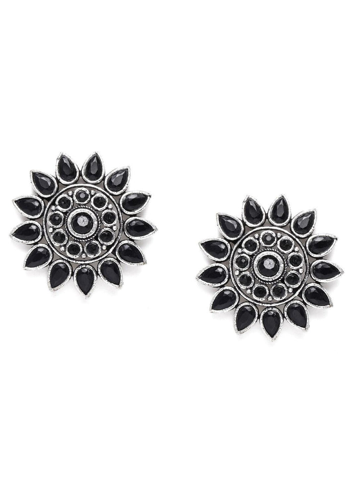 Black Oxidised Studded Oversized Floral Studs - Trendisia