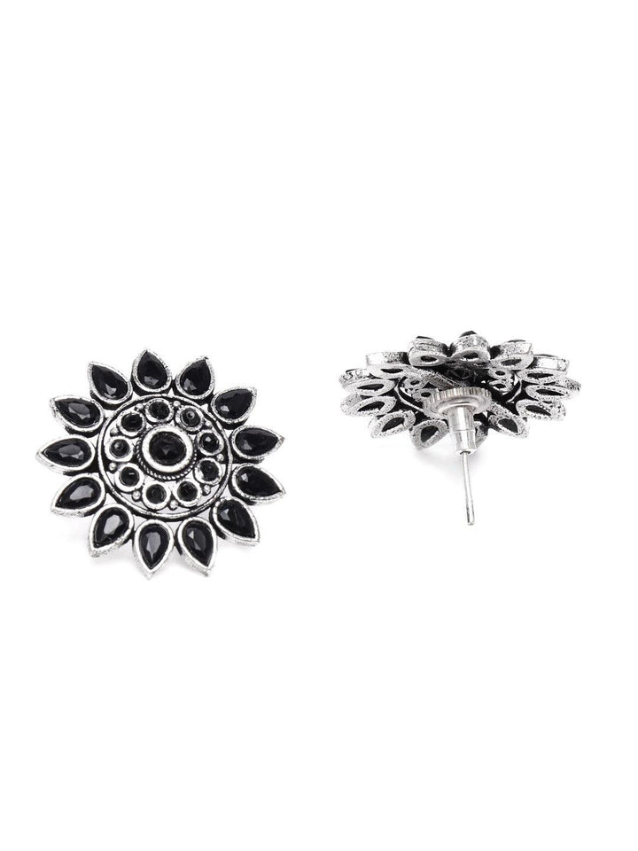 Black Oxidised Studded Oversized Floral Studs - Trendisia