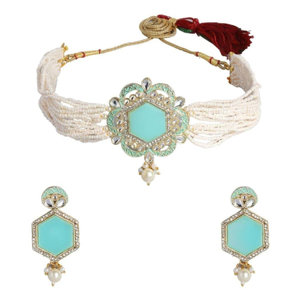 Blue Enamel Stone with Pearls Choker Set - Trendisia