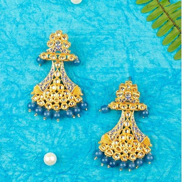 Blue Gold-Plated Lightweight Enamelled Kundan Classic Drop Earrings - Trendisia