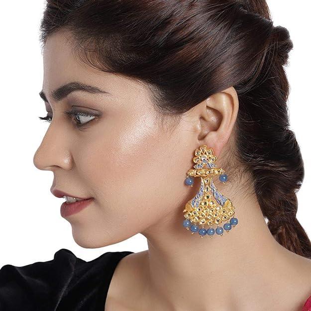 Blue Gold-Plated Lightweight Enamelled Kundan Classic Drop Earrings - Trendisia