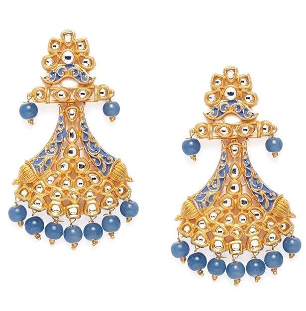 Blue Gold-Plated Lightweight Enamelled Kundan Classic Drop Earrings - Trendisia